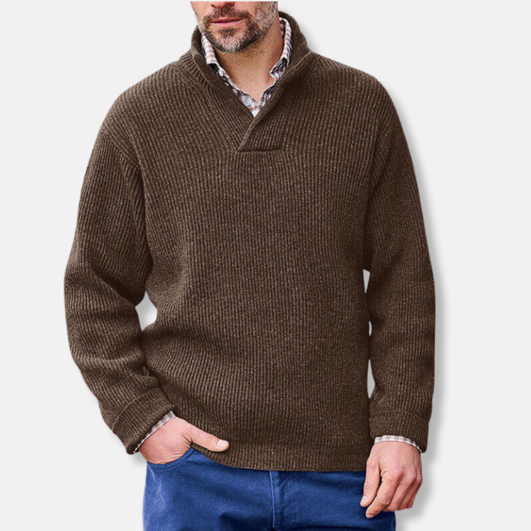Pull Homme En Mélange Coton À Col Montant Et Col En V Coupe Ample Manches Longues