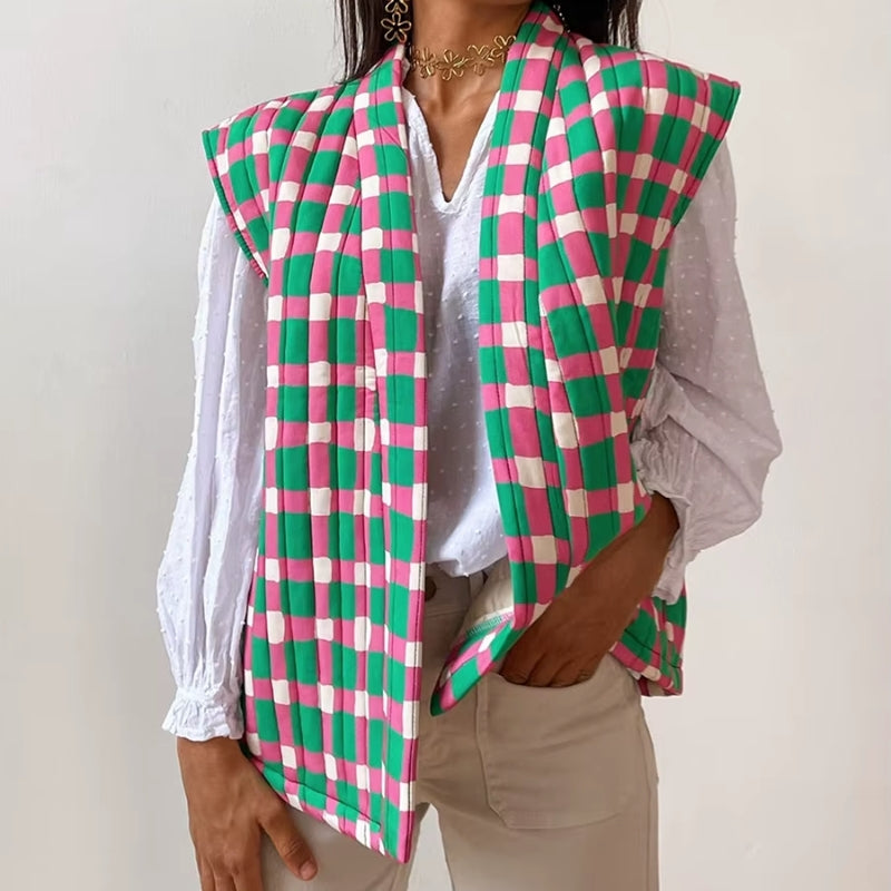Gilet Sans Manches Imprimé Carreaux Et Fleurs Cousu À La Main Doublure Légère Pour Une Silhouette Raffinée