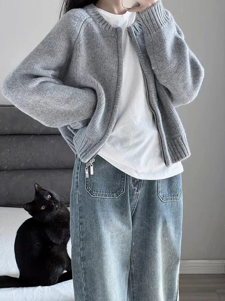 Damen Oversized Strickjacke mit Reißverschluss Amawinc