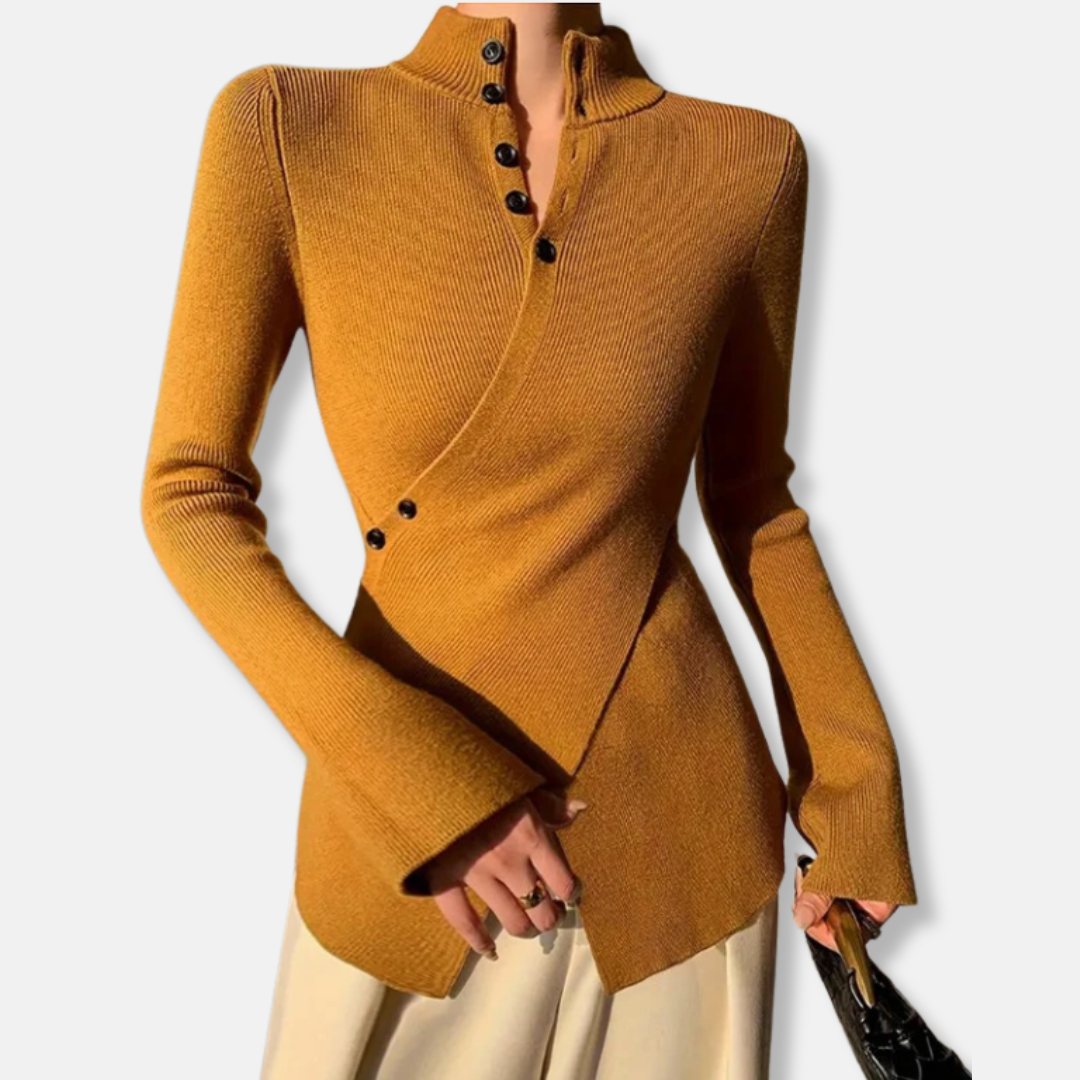 Pull Femme En Maille Slim Fit Col Haut Ourlet Asymétrique Boutons Manches Longues