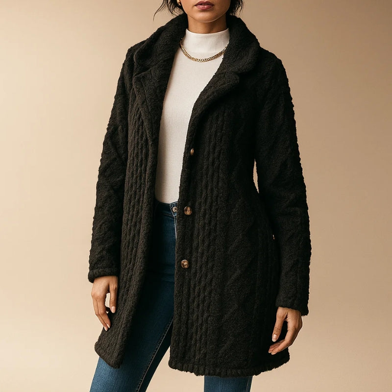 Manteau En Peluche Jacquard Via Nova Avec Capuche Et Boutons Pour Confort Décontracté Et Superposition Facile