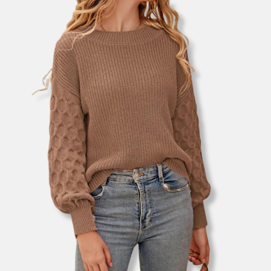 Pull Femme En Maille Décontractée Col Rond Manches Bouffantes Coupe Décontractée Élégante