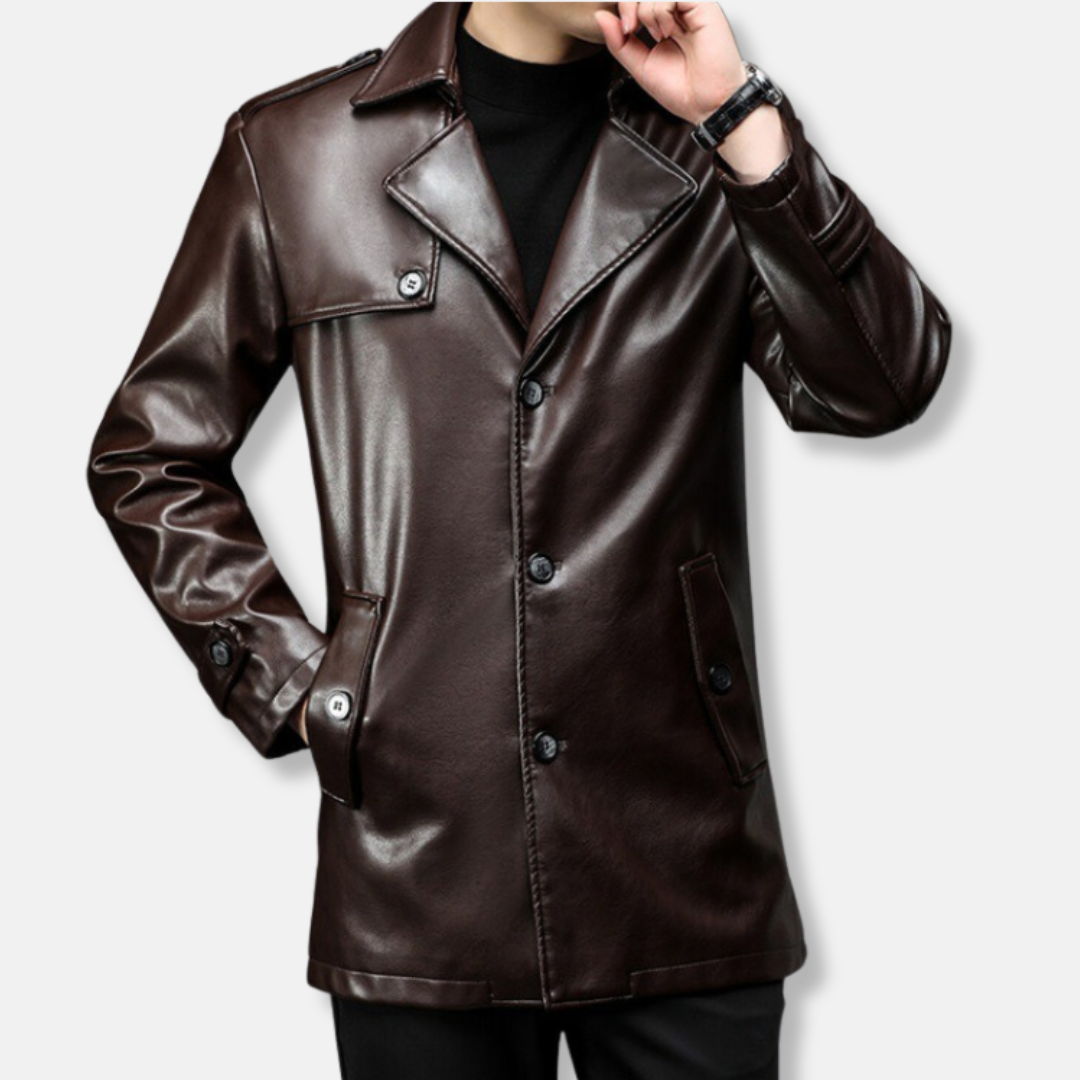 Imperméable Trench Homme En Faux Cuir Longueur Mi Cuisses Col Revers Cranté Style Moderne Polyvalent