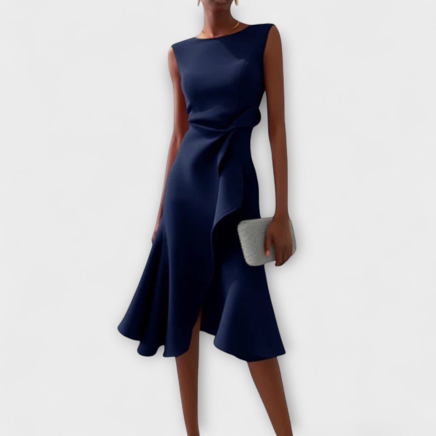 Adeline Robe de Cocktail Sans Manches Midi Avec Volant Asymétrique et Taille Cintrée Amawinc
