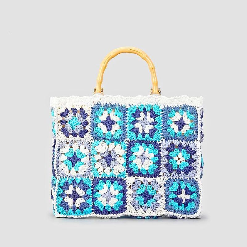 Sac Crochet Corly Voyage Éco Responsable Boho Tote Avec Manche Bambou Tissé Patchwork Coloré