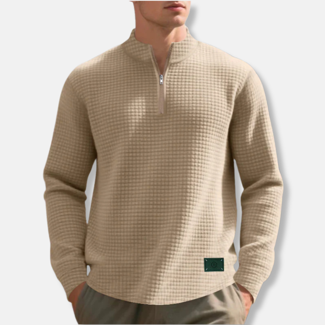 Pull Homme Maille Gaufrée Col Montant Demi Zip Coupe Regular Pour Temps Froid Amawinc