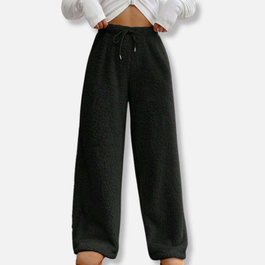 Pantalon de Détente pour Femme en Polaire Moelleuse, Coupe Ample, Jambe Large, Taille à Cordon, Longueur Totale
