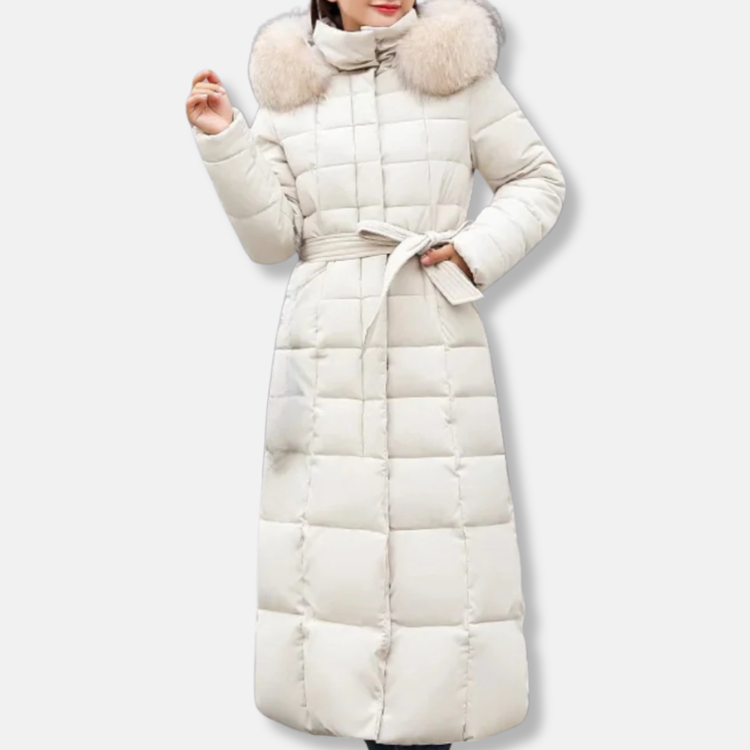 Manteau Matelassé Pour Femme Ceinture Cintrée Capuche Fourrure Long Coupe Slim Isolant