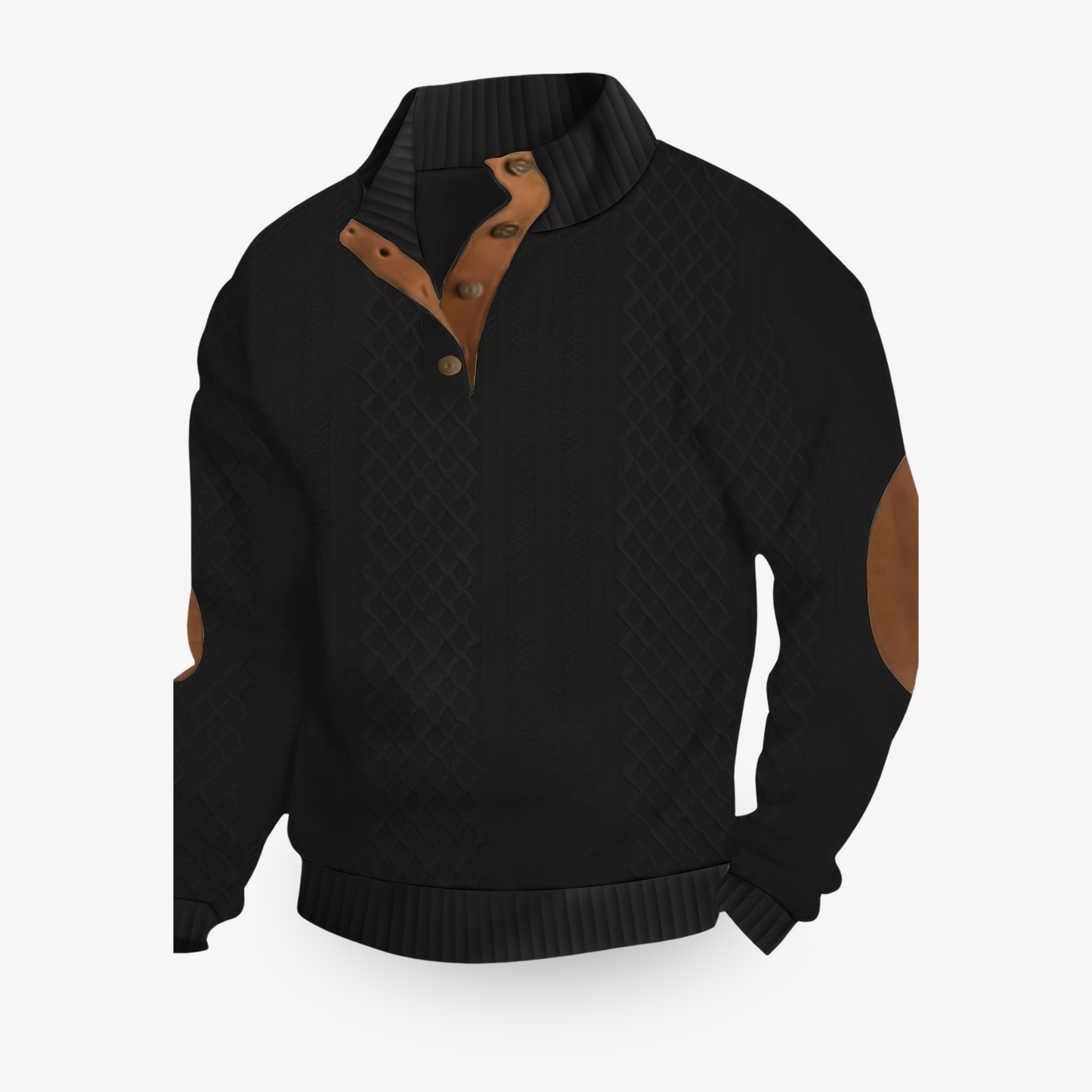 Pull Homme En Maille Cable Avec Col Haut Boutonné Et Patchs Aux Coudes Style Nordique