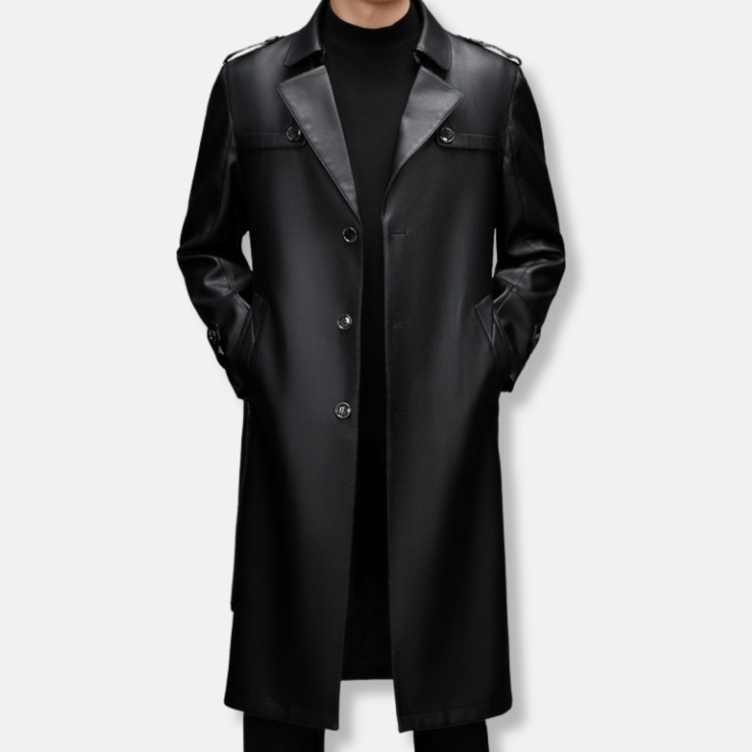 Manteau Trench en Cuir PU Homme Slim Fit Simple Boutonnage avec Détail Épaulette Automne Premium