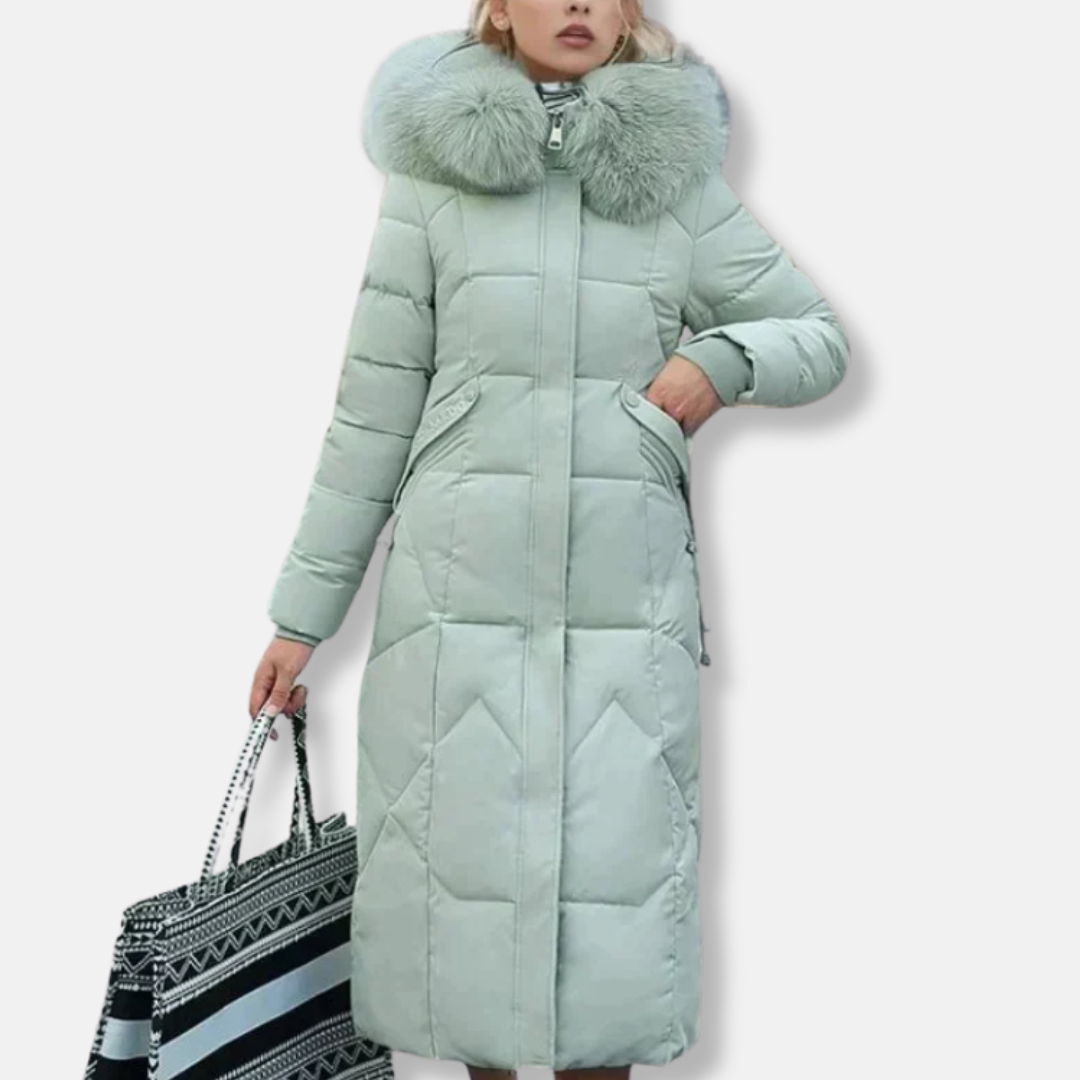 Manteau Long Matelassé Femme Coupe Slim Col Fourrure Détachable Élégant et Chaud