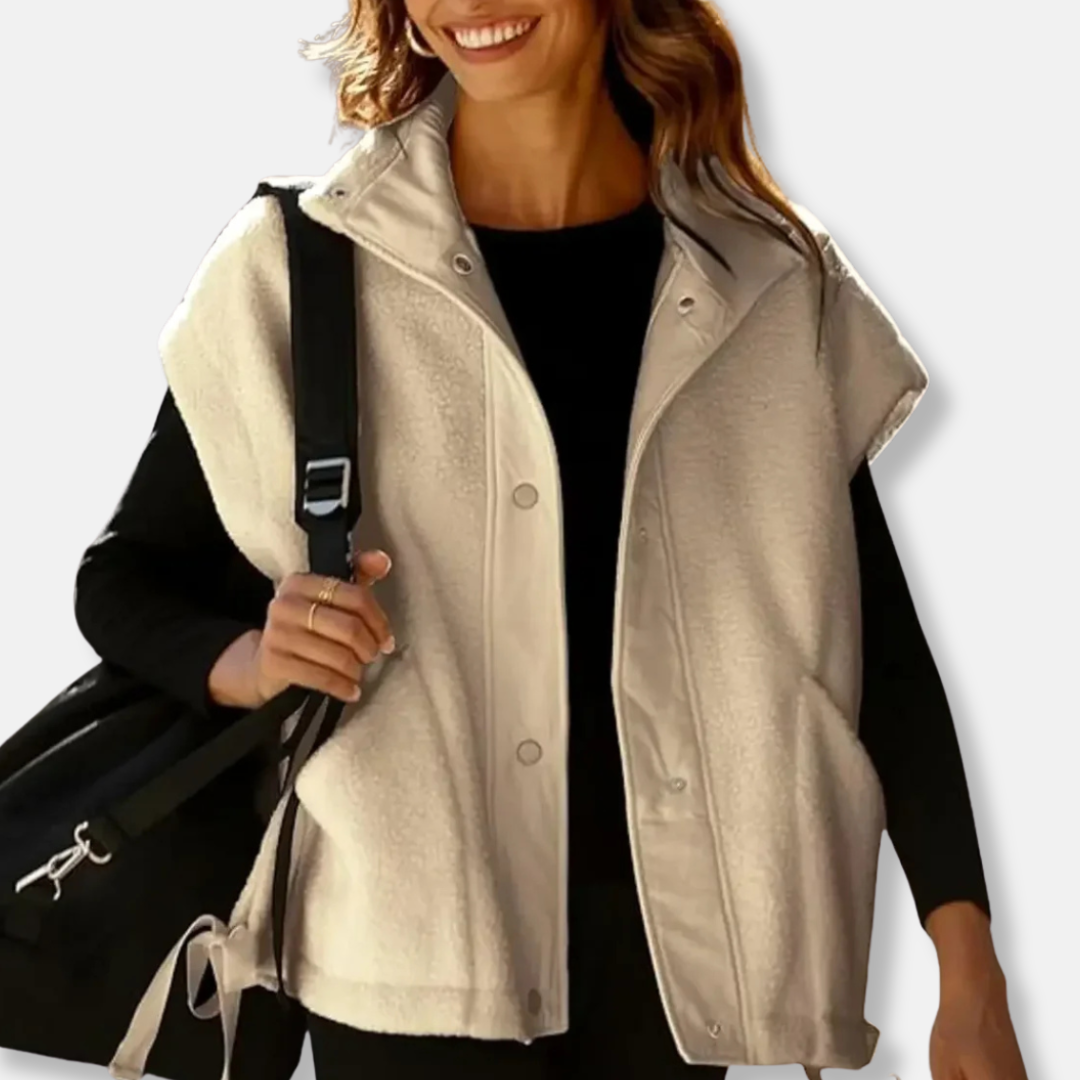 Gilet Femme En Polaire Peluche Coupe Décontractée Oversize Col Montant Fermeture Boutons Pression