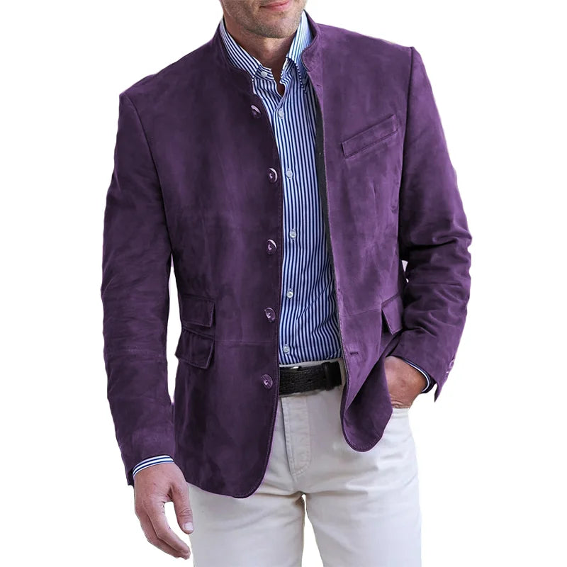 Veste En Daim Pour Homme Coupe Ajustée Col Mandarin Boutons Sur Une Rangée Style Nordique Moderne