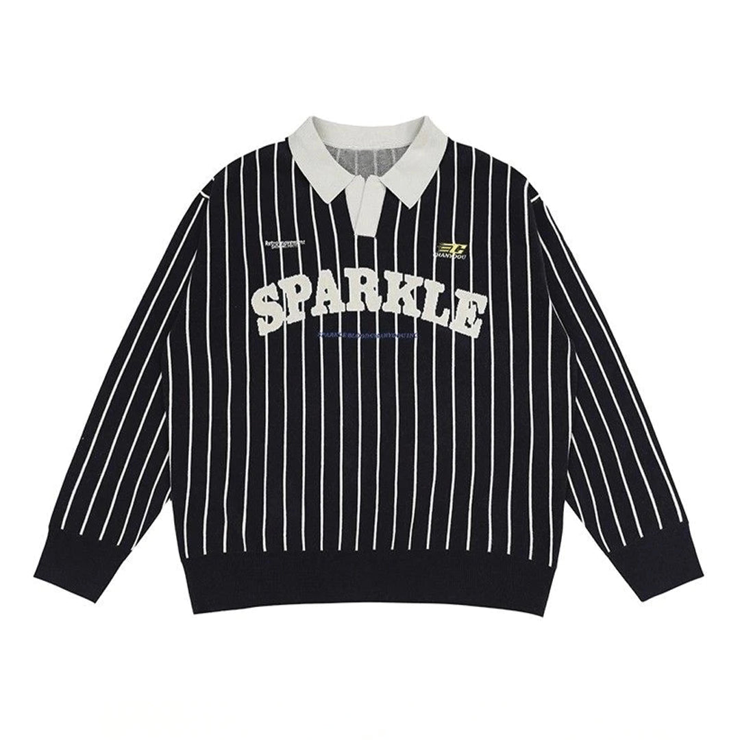 Polo Tricot Rayé Avec Col Revers Et Lettres Brodées Sur Le Devant Coupe Oversized