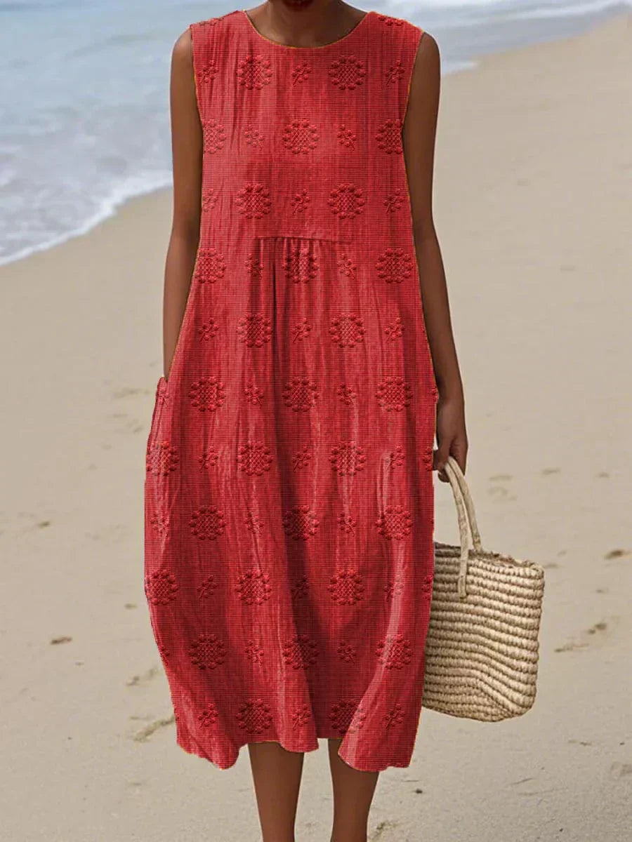 Robe Midi Texturée Olivia Sans Manches Avec Motifs Circulaires Subtils Pour Jours Ensoleillés Et Weekends