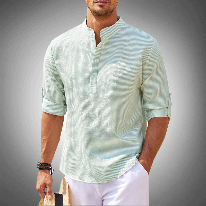 Amawinc Chemise Homme Décontractée Col Mandarin avec Manches Longues Roulables Semi-Formelle