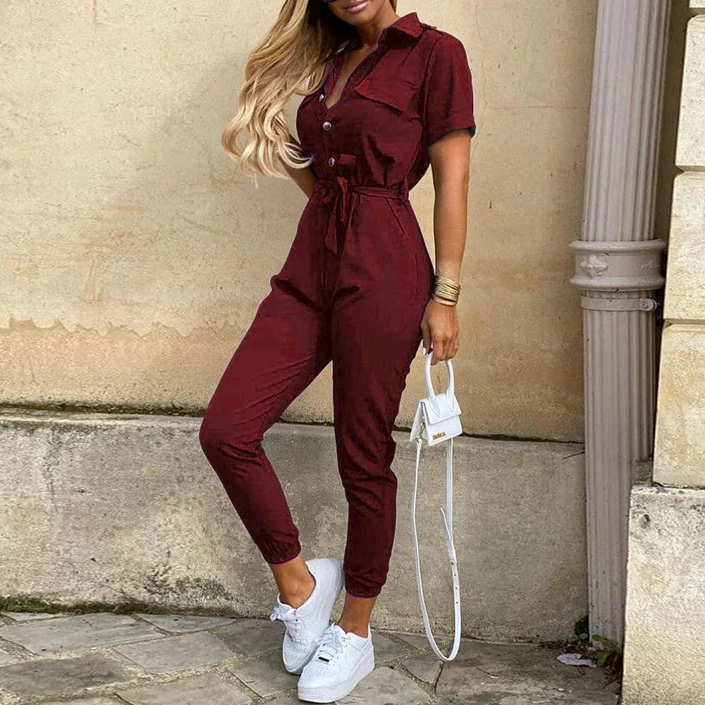 Combinaison Femme Style Utilitaire Bouton Fermeture Ceinture Taille Manches Courtes Pour Printemps Et Été
