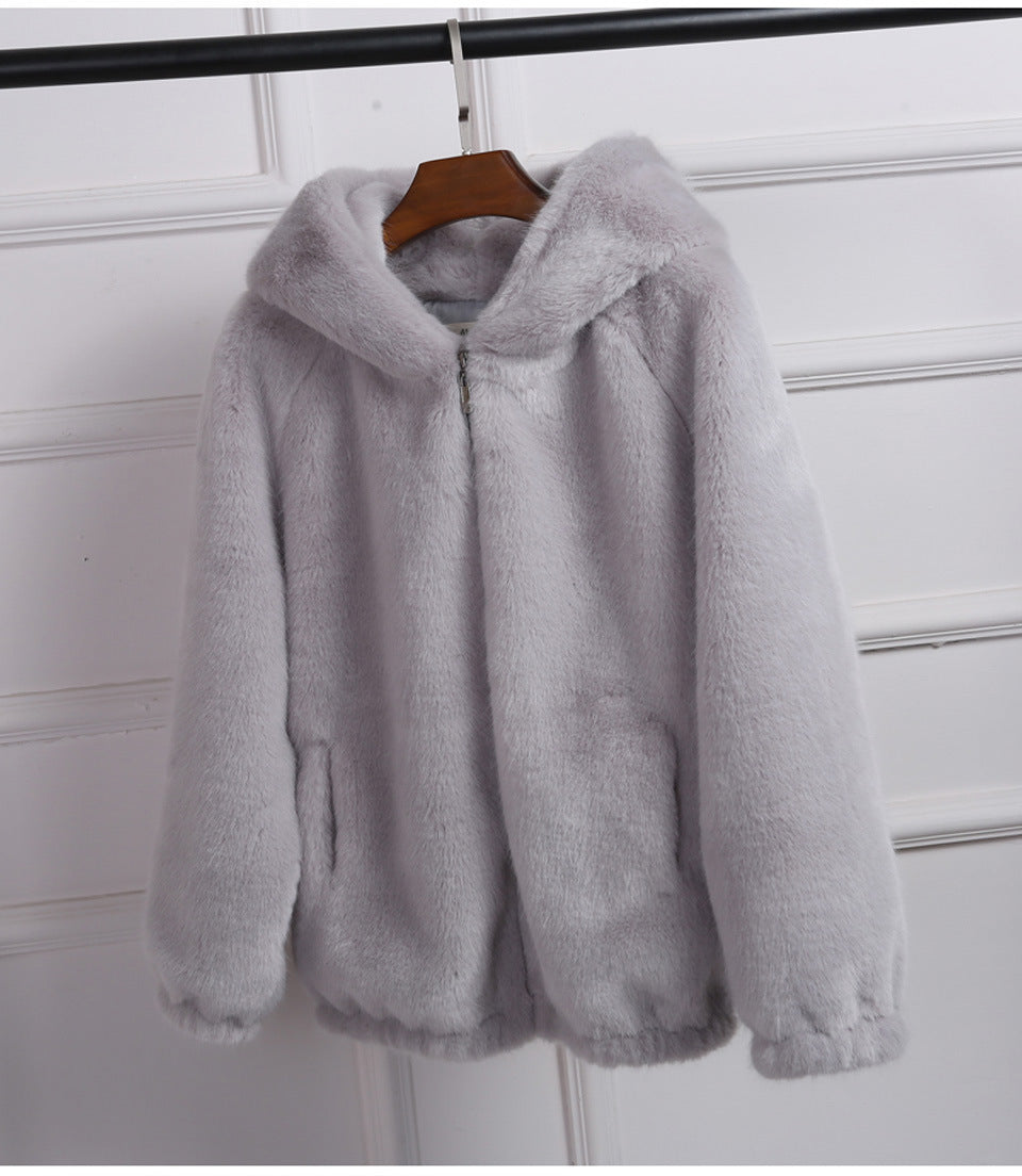 Damen Plüschjacke mit Kapuze und hochwertiger Fleece-Oberfläche Amawinc