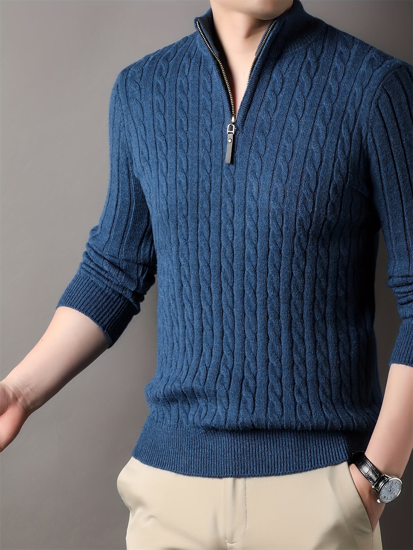 Pull Amawinc Pour Homme Tricot Câblé À Motif Côtes Demi Zip Confort Hivernal Quotidien Durable