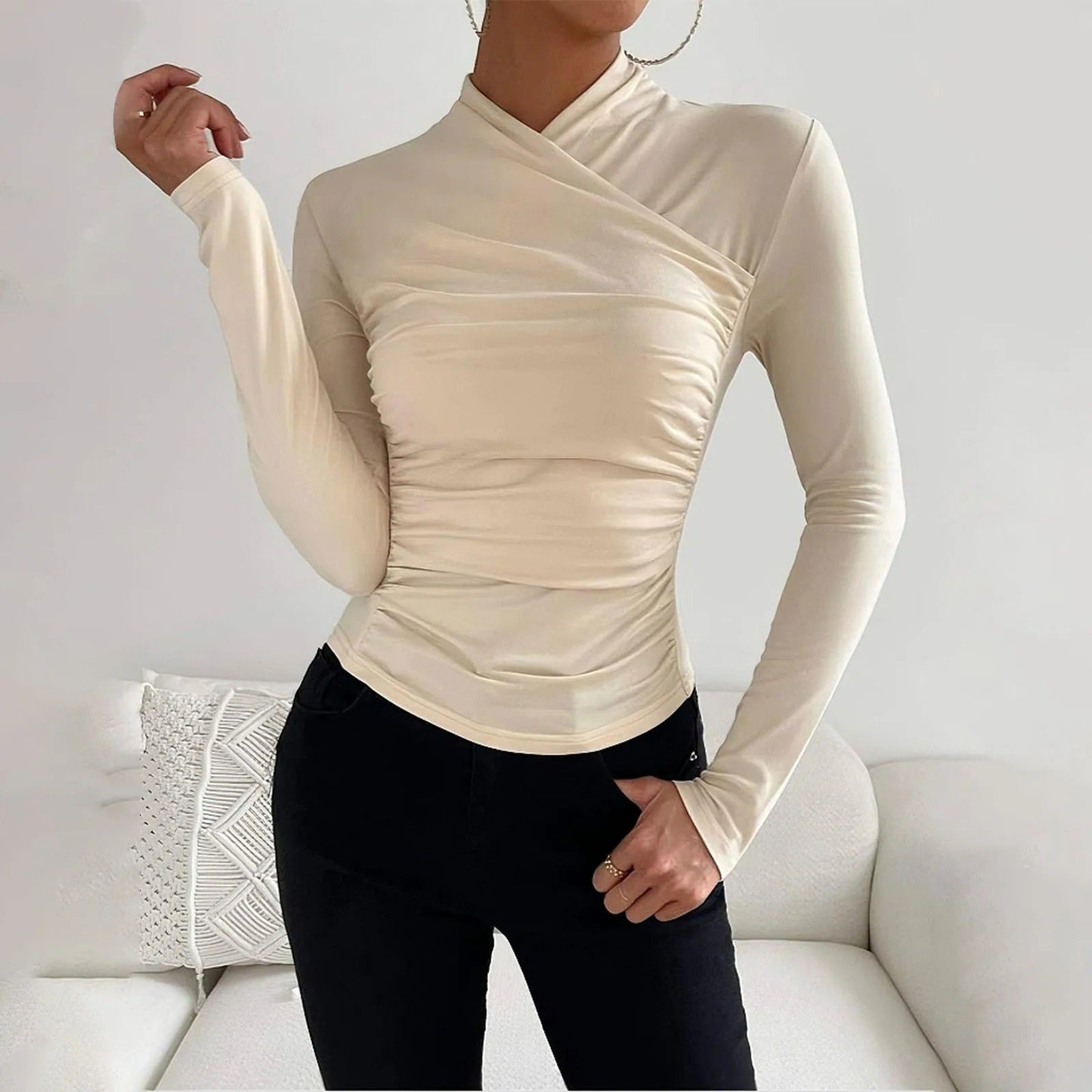 Blouse Cache Coeur Femme Nordique Manches Longues Col Haut Asymétrique Coupe Élégante Slim
