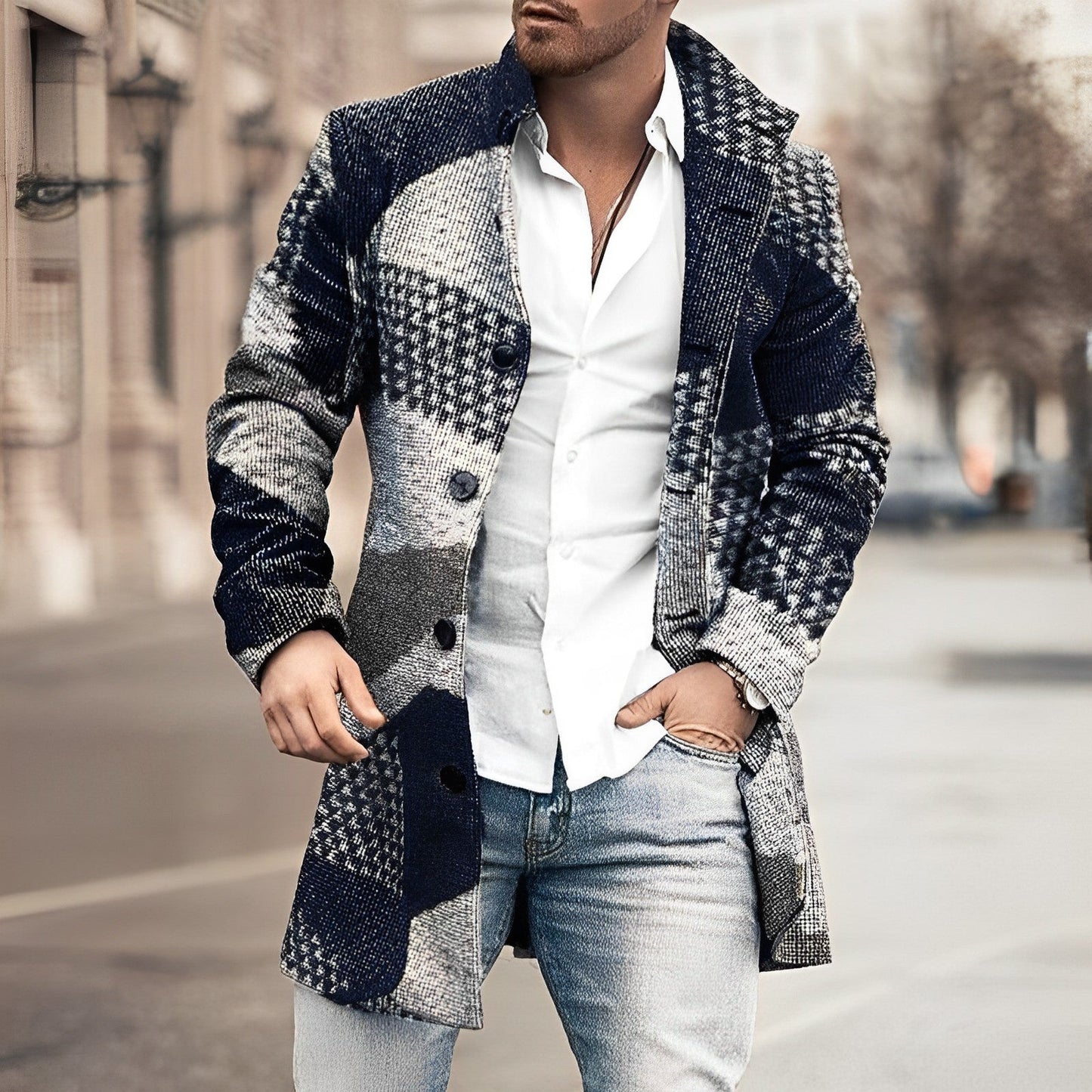 Manteau Long Boutonné Pour Homme Amawinc Moderne Hiver Avec Fermeture Bouton Classique