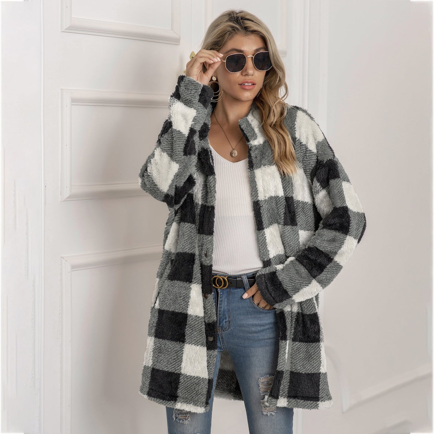 Veste Longue Polaire À Carreaux Colorblock Pour Femme Chaude Confortable Et Élégante Hiver Essentielle