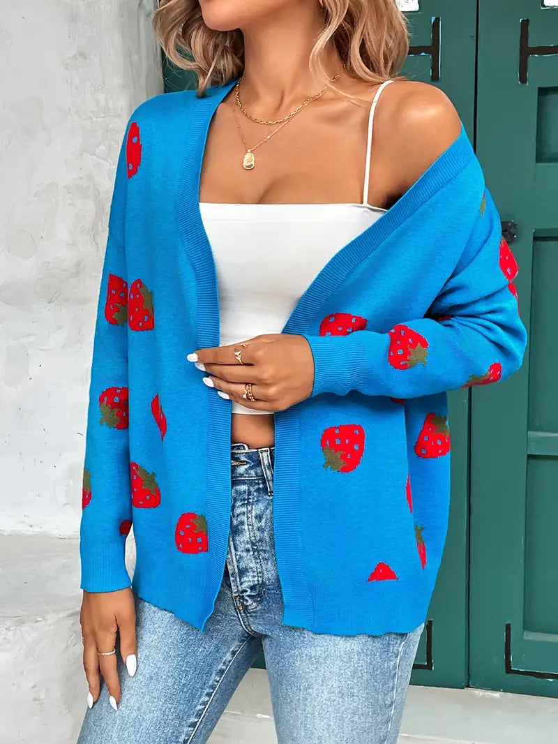 Cardigan Femme Oversize En Maille Douce Avec Ouverture Sans Bouton Motif Fraise Amusant