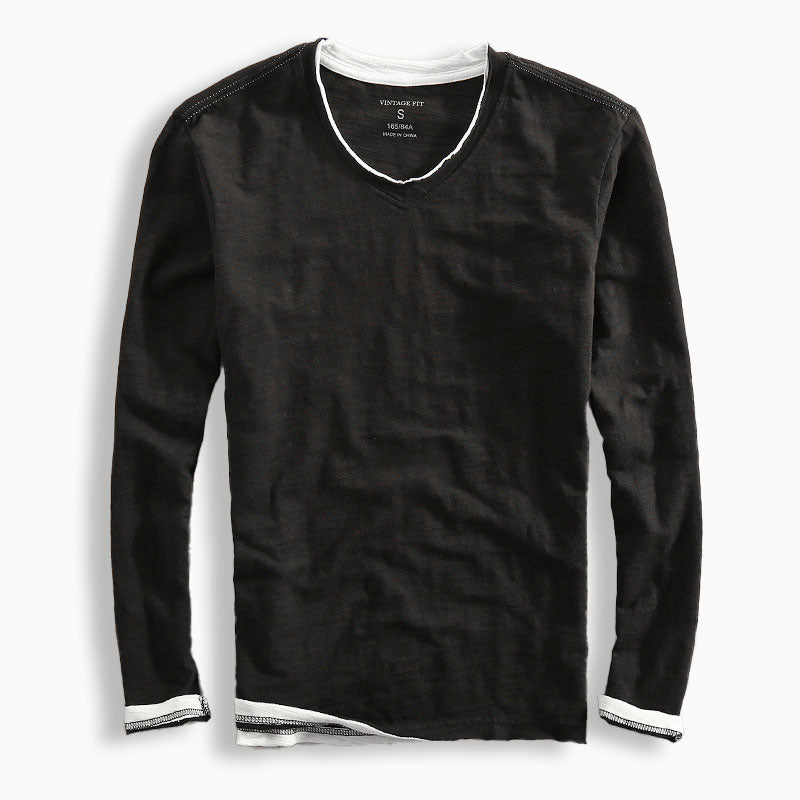 T Shirt Homme Col V Slim Fit Manche Longue Avec Bordure Contrastée Et Texture Slub Navy