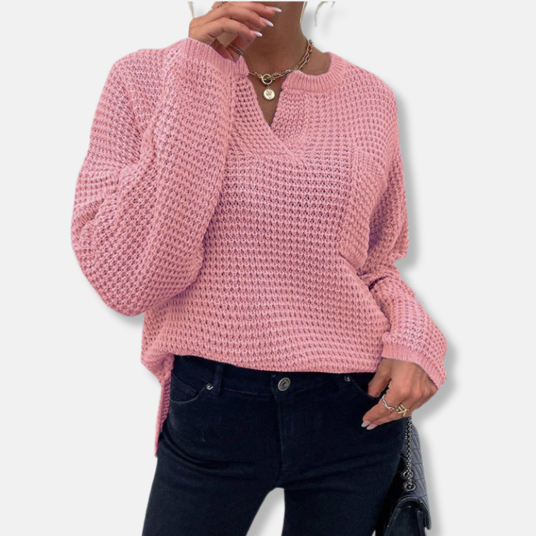 Pull Femme En Maille Gaufre Coupe Décontractée Col Rond À Encoches Manches Longues À Poignets
