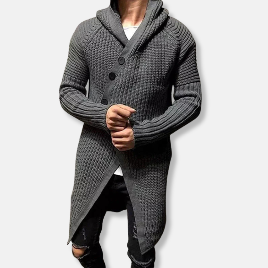 Cardigan Pour Homme À Capuche Col Châle Maille Épaisse En Laine Mélangée Coupe Longue Décontractée