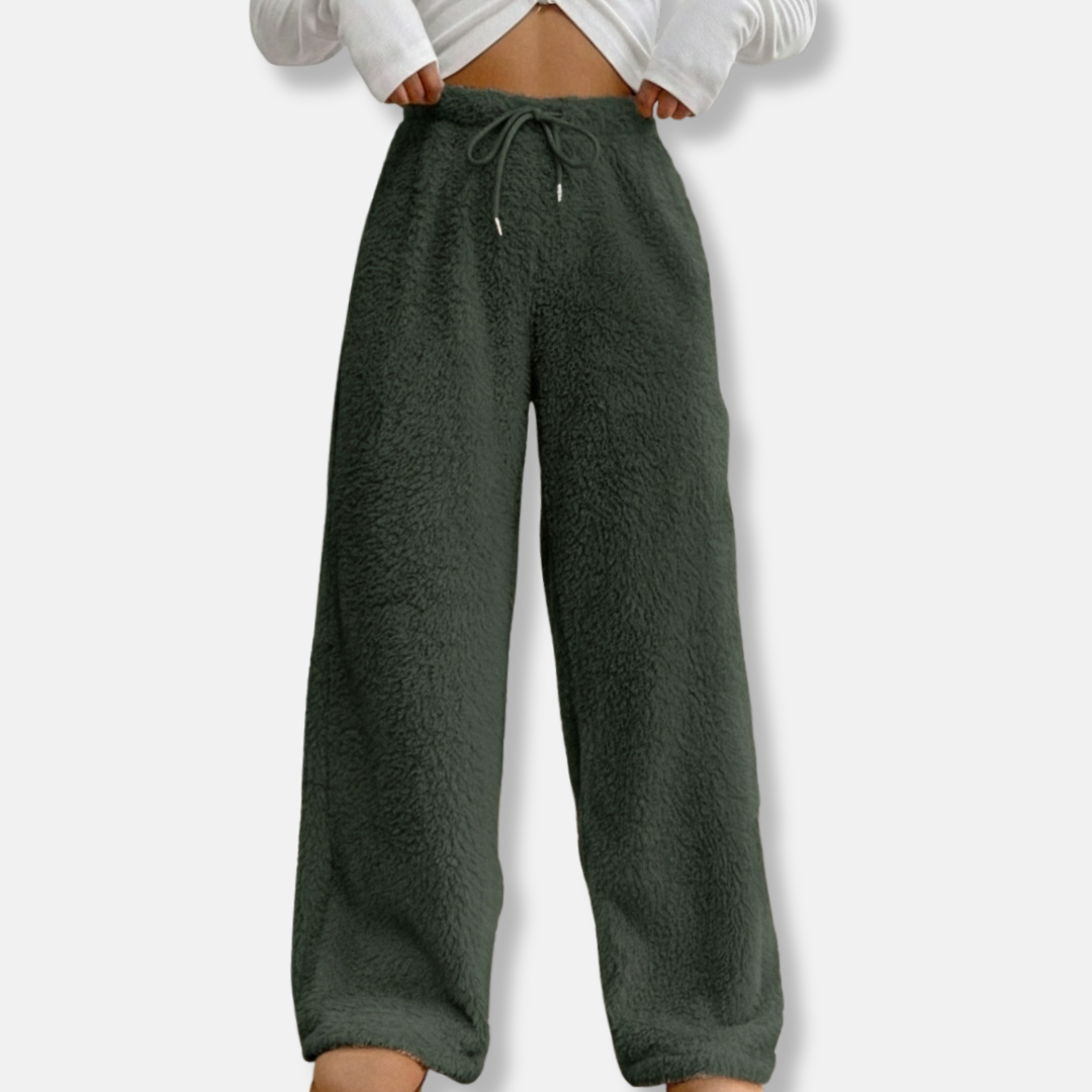 Pantalon de Détente pour Femme en Polaire Moelleuse, Coupe Ample, Jambe Large, Taille à Cordon, Longueur Totale