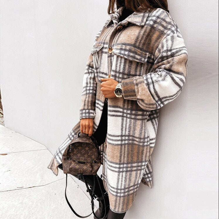 Manteau Femme En Mélange De Laine Amawinc Longue Silhouette Motif À Carreaux Fermeture À Boutons Classique