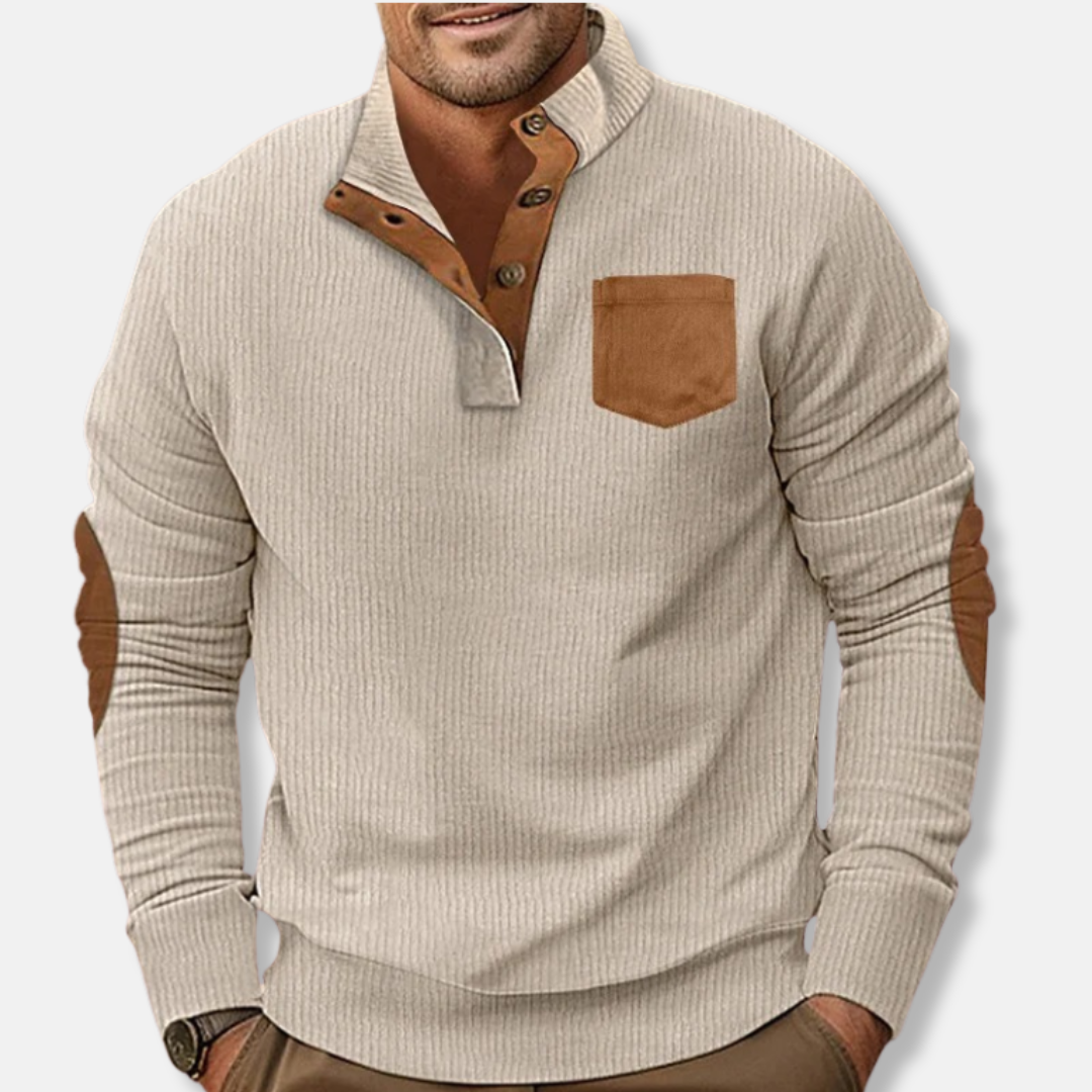 Sweatshirt Homme En Maille Côtelée Col Montant Patches Coudes Contrastants Pour Quotidien