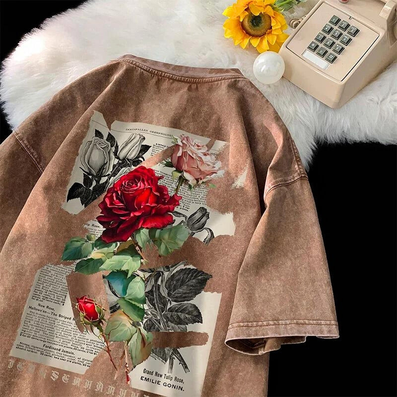 T Shirt Rose Lavé Oversized Avec Empiècement Vintage Motif Rose Unique Pour Streetwear