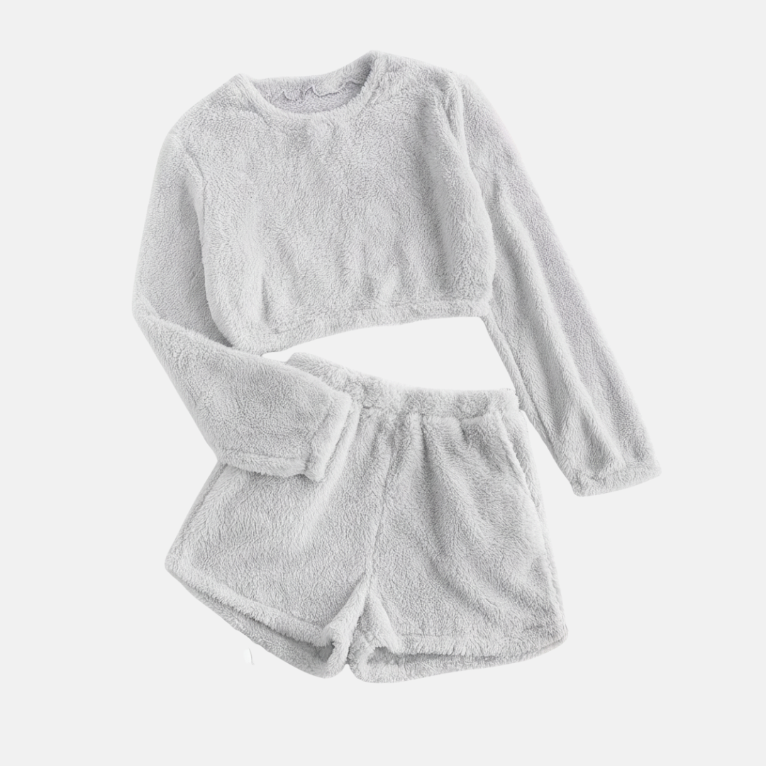 Ensemble Deux Pièces Loungewear Peluche Texturée Avec Top Manches Longues Coupé Court Et Shorts Taille Haute