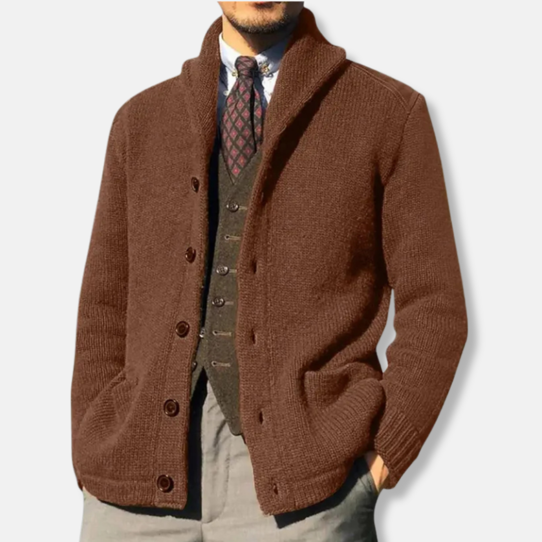 Cardigan Homme En Maille Laine Regular Fit Col Châle Bouton Devant Poignets Côtelés