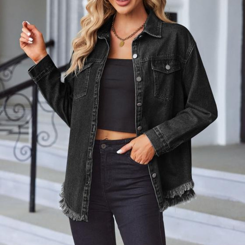 Veste En Denim Branu À Franges Brutes Et Ourlet Effiloché, Coupe Légèrement Ample, Fermeture À Pression