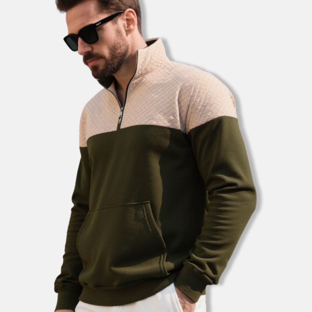 Sweatshirt Homme En Mélange de Coton Col Montant à Demi Zip Motif Diamant Matelassé Amawinc
