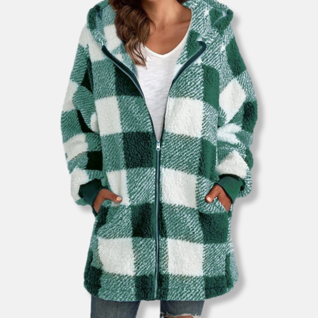 Veste À Capuche Femme Oversize En Maille Douce Longue Avec Zip Complet Et Motif Carreaux