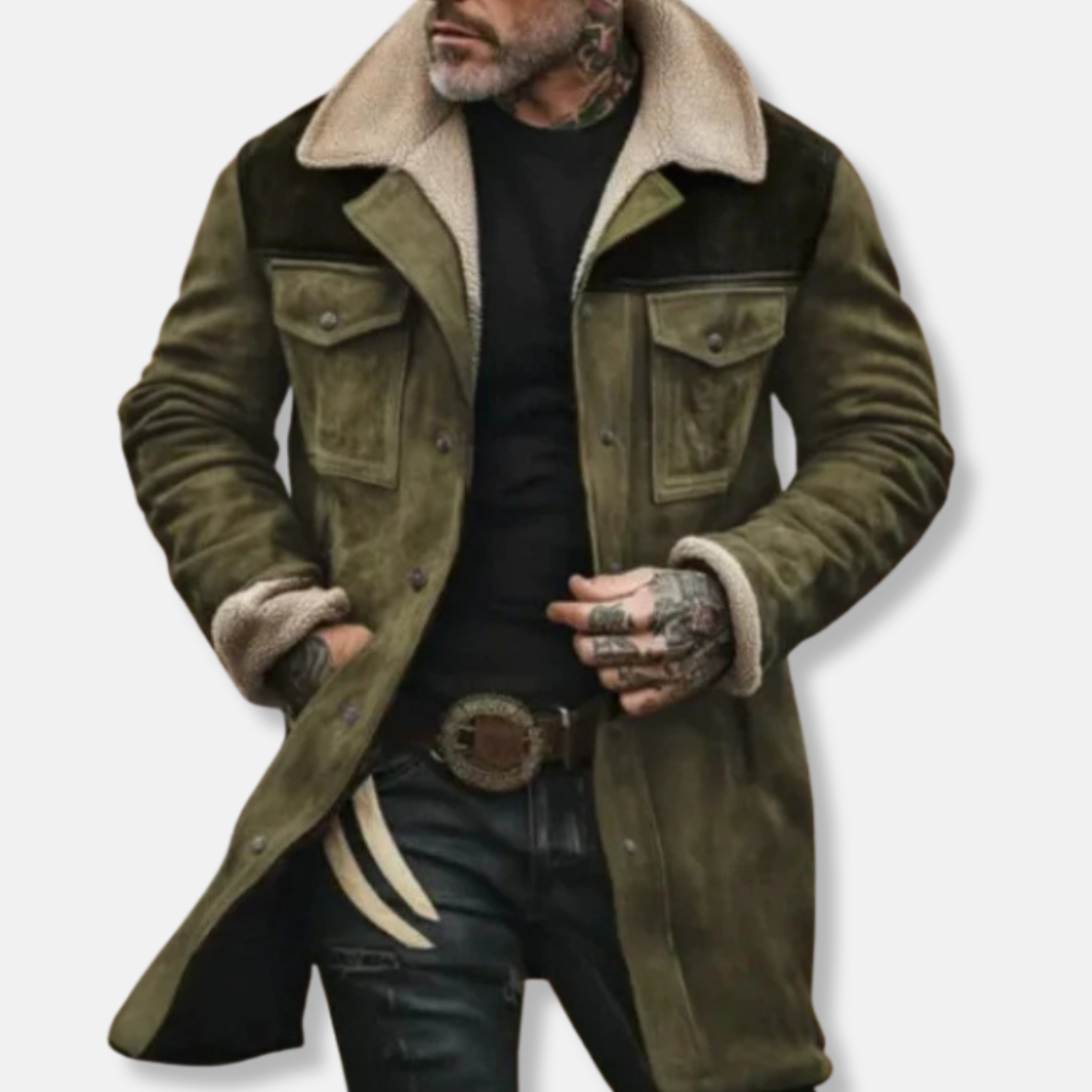 Manteau Trench Pour Homme Avec Tissu Effet Daim Et Col En Shearling, Coupe Décontractée, Fermeture Par Boutons