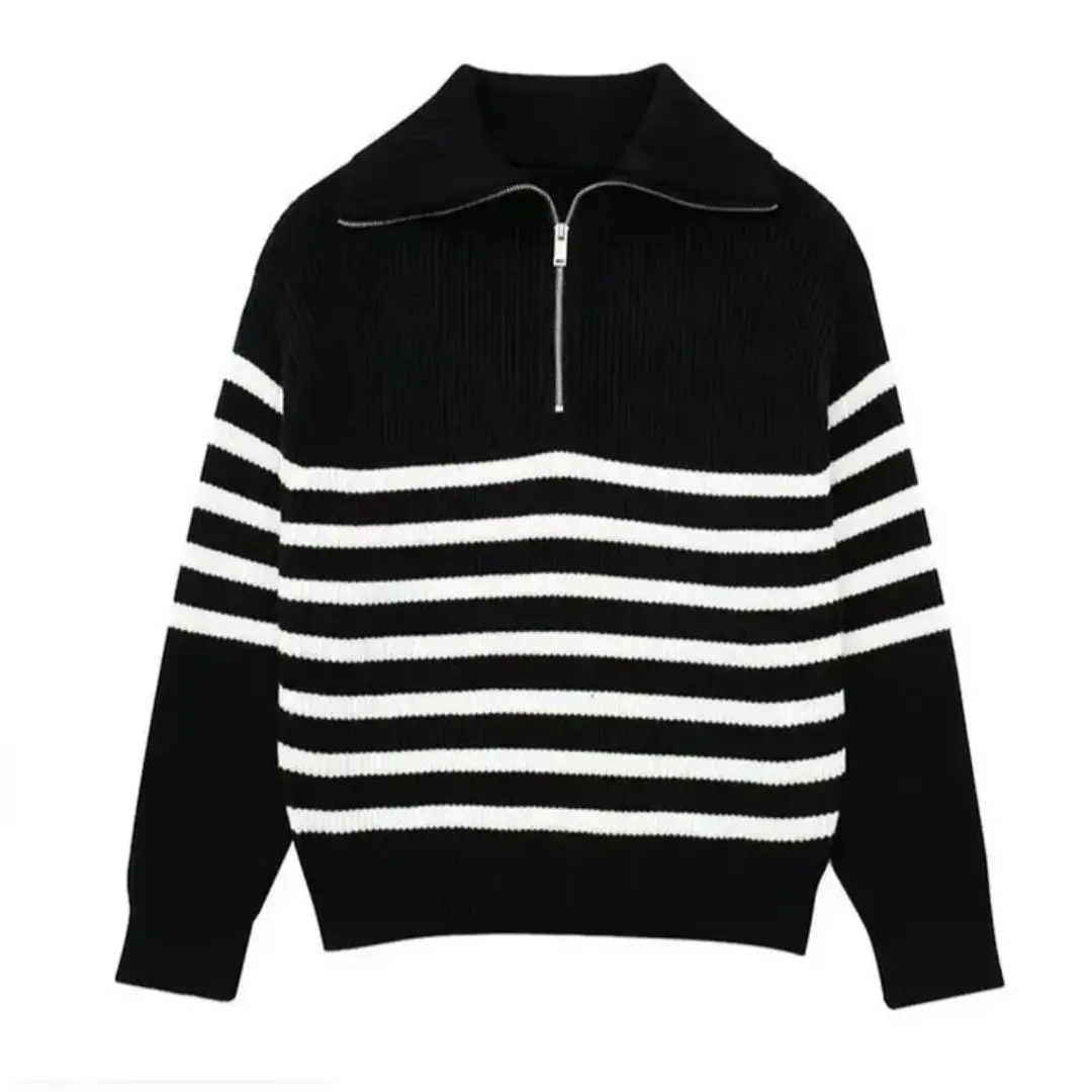 Pull Zippé Nordique À Rayures Confortable Léger En Coupe Décontractée Style Marin