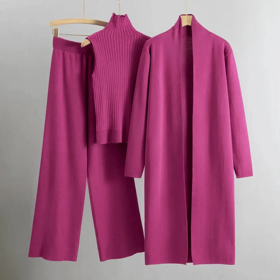 Ensemble Trois Pieces Sophia Lane Cardigan Ouvert En Maille Pantalon Large À Jambes Évasées Col Roulé Sans Manches
