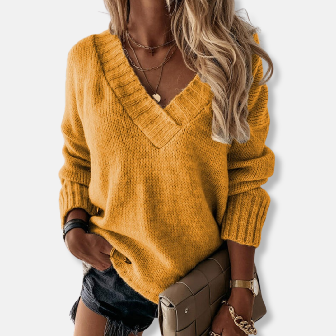 Pull En Maille Femme Coupe Décontractée Encolure En V Profonde Ourlet Côtelé Manches Longues
