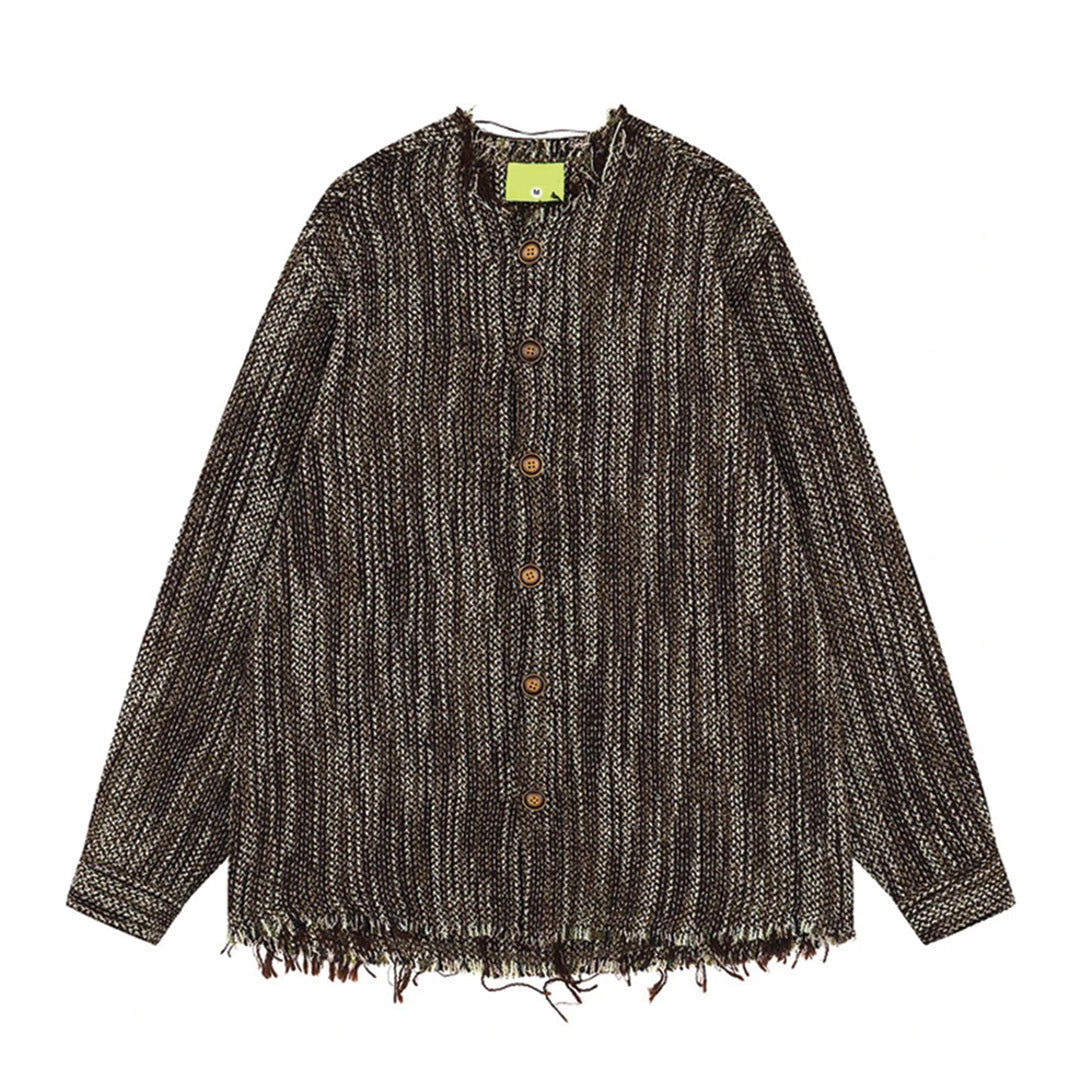 Chemise En Maille Fragment De Trame En Coton Mélange Boutons Bois Détails Ourlet Frangé Et Encolure Décontractée