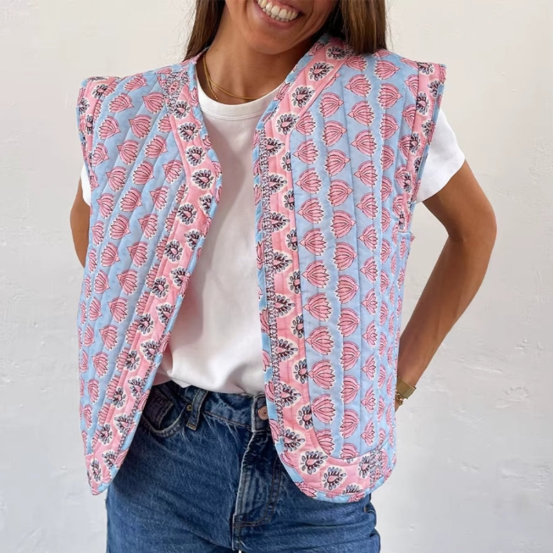 Gilet Sans Manches Imprimé Carreaux Et Fleurs Cousu À La Main Doublure Légère Pour Une Silhouette Raffinée