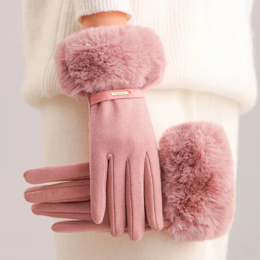 Gants Cintrés À Poignet Court Avec Bordure En Fourrure Florence Couleur Unie Élégants Chauds Pour L Hiver