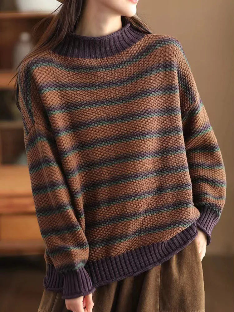 Pull Décontracté À Rayures Nordiques Col Montant Maille Côtes Manche Longue Idéal Pour Style Décontracté