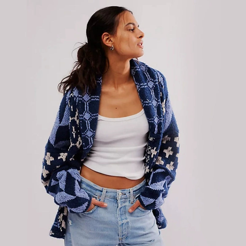 Cardigan Tricoté Oversize Avec Motif Géométrique Tissé Dense Et Chaud Pour Un Style Confortable