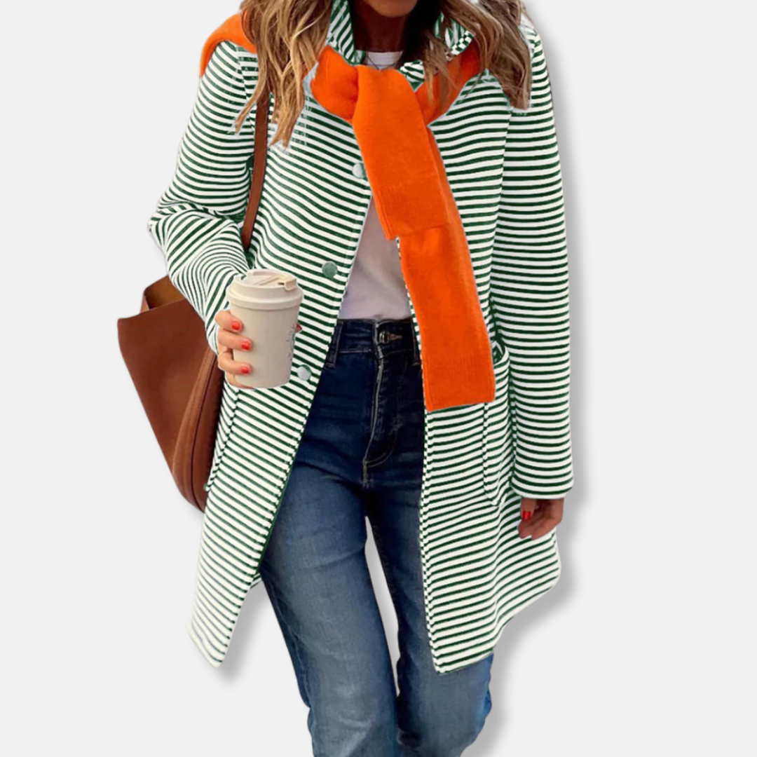 Trench Coat Femme Coupe Décontractée Longueur Mi Cuisse Rayé Coton Mélangé Double Boutonnage Nordisk Flair