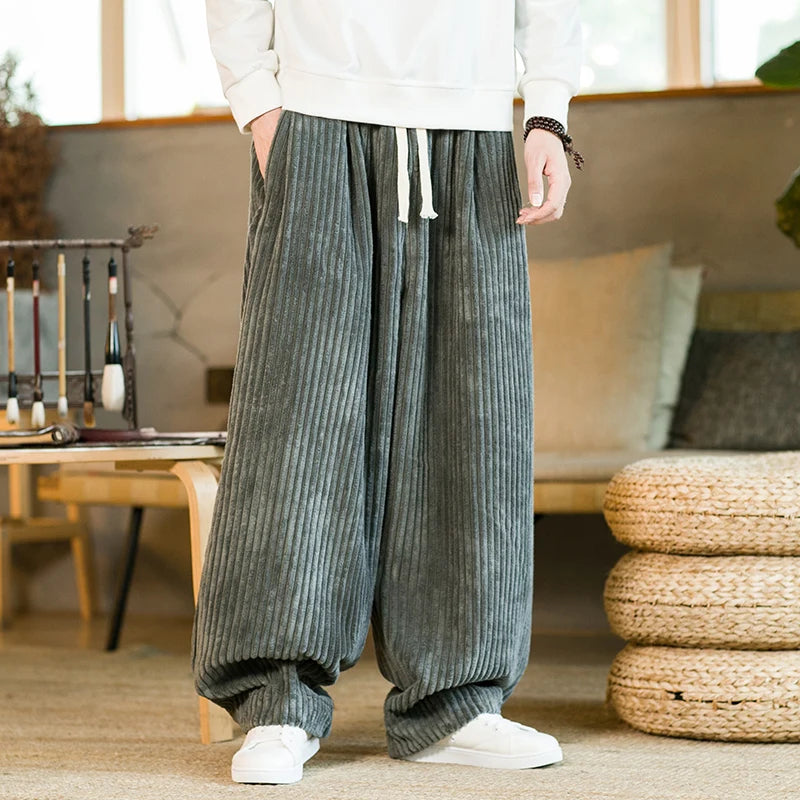 Pantalon Harem Décontracté Plissé En Velours Côtelé Uni Pour Homme Avec Taille À Cordon